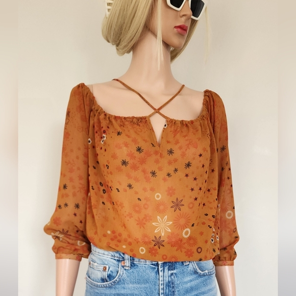 ZARA BROWN FLORAL LIGHTWEIGHT CRISS CROSS OF THE SHOULDER CHIFFON BLOUSE TOP XS - Picture 8 of 11